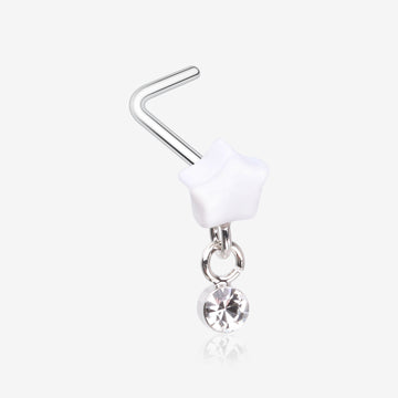 Kawaii Pop Fluffy Star Dangle Sparkle L-Shaped Nose Ring-White/Clear Gem